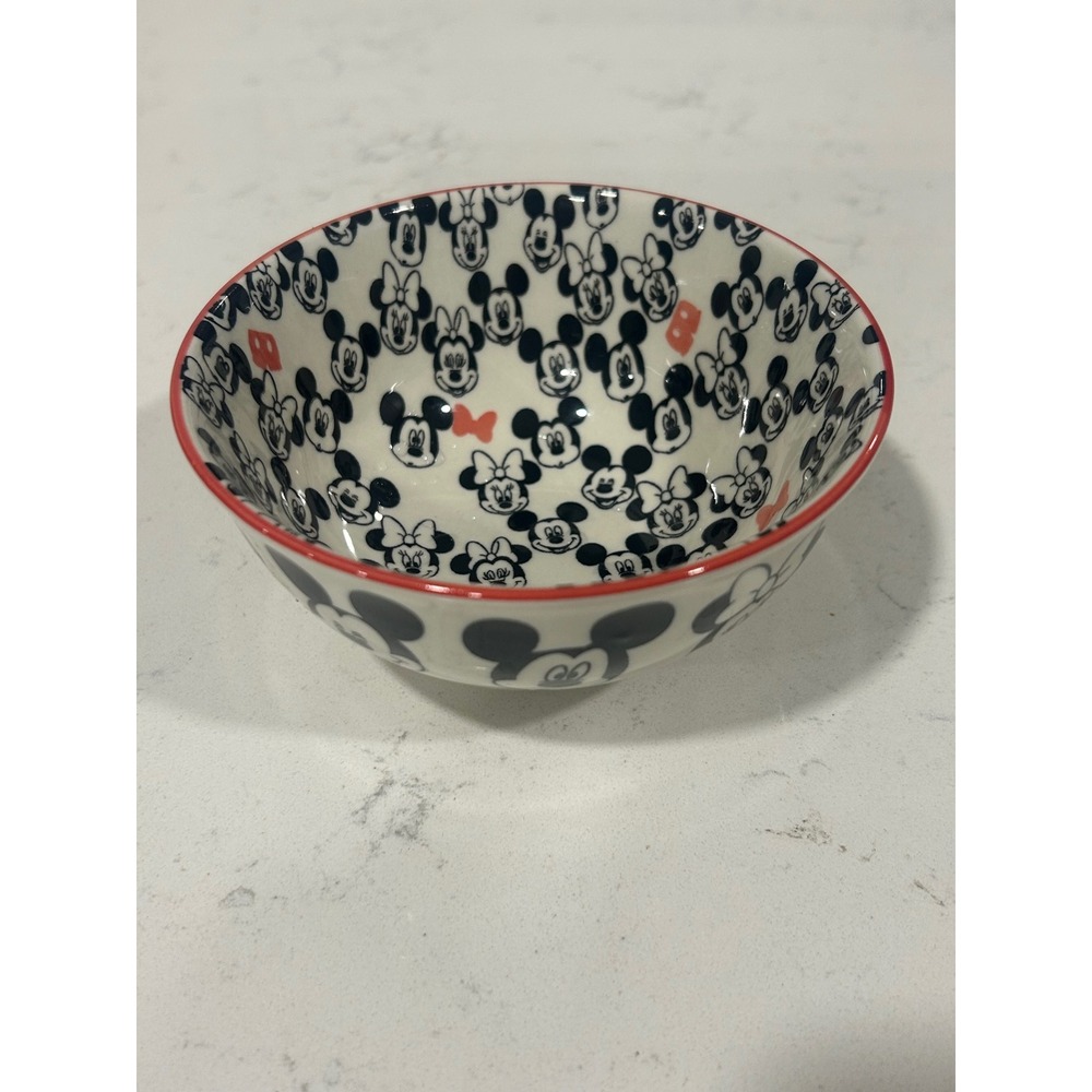 Disney Mickey and Minnie Mouse Ceramic Bowl Black White Red Rim